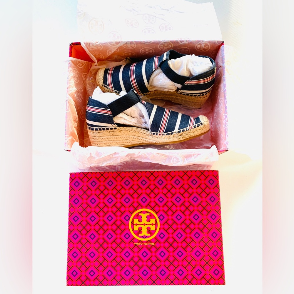New in box! Tory Burch blue, red, and white espadrilles.